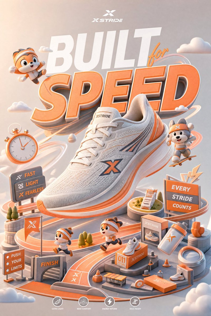 A running shoe sits at the center of a small floating world of speed trails, tiny tracks, stopwatch icons and mascot companions. Soft orange, white and gray…