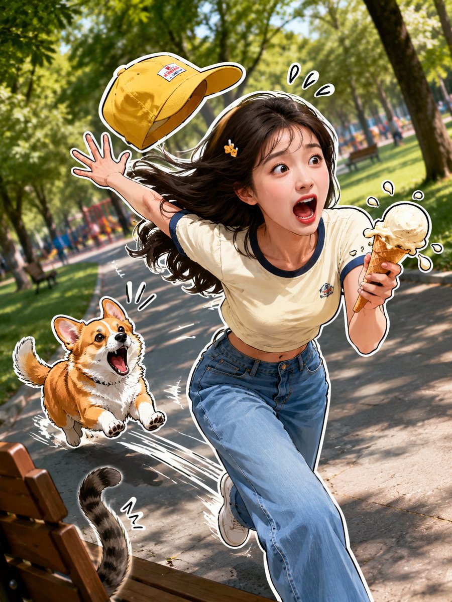 Running Woman Chased by Corgi Sticker Art — AI result, variation 3 of 4