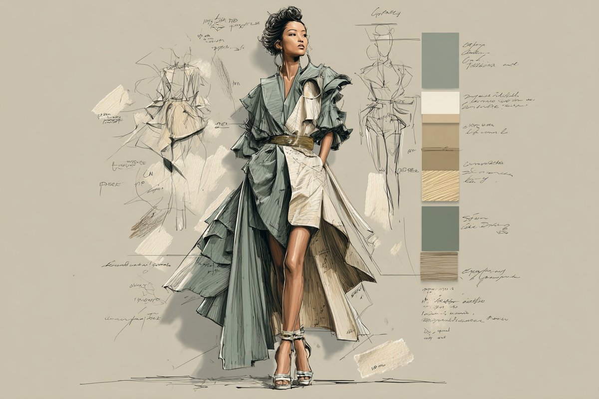 Runway Fashion Sketch With Fabric Swatches — AI result, variation 2 of 4