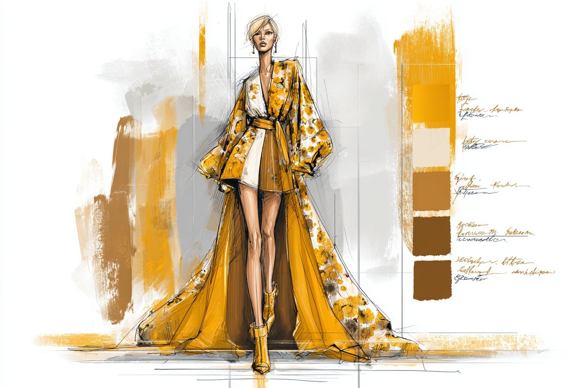 Runway Fashion Sketch With Fabric Swatches — AI result, variation 4 of 4