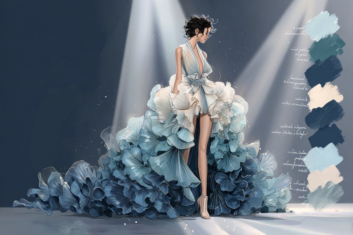 A loose fashion illustration of a runway look, paired with swatches of fabric in two chosen colors and pencil notes in the margins. The page reads like a…