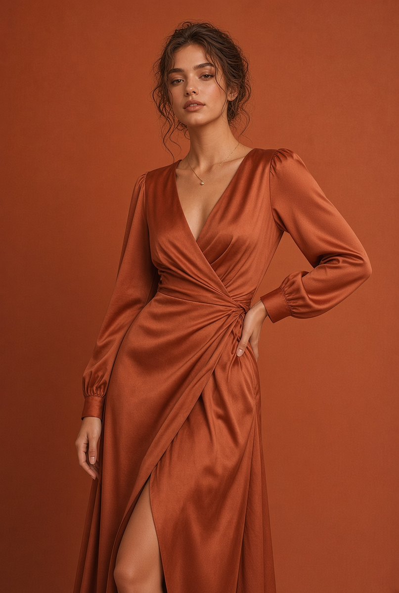 Rust Satin Wrap Dress Portrait Against Terracotta — AI result, variation 2 of 2