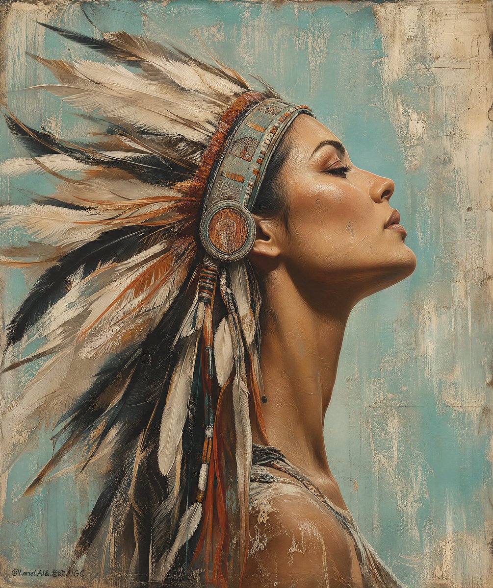 A tall, text-free portrait of an adult figure with the chin lifted and eyes closed, framed by a radiating feather headdress and aged iron-red face paint. The…