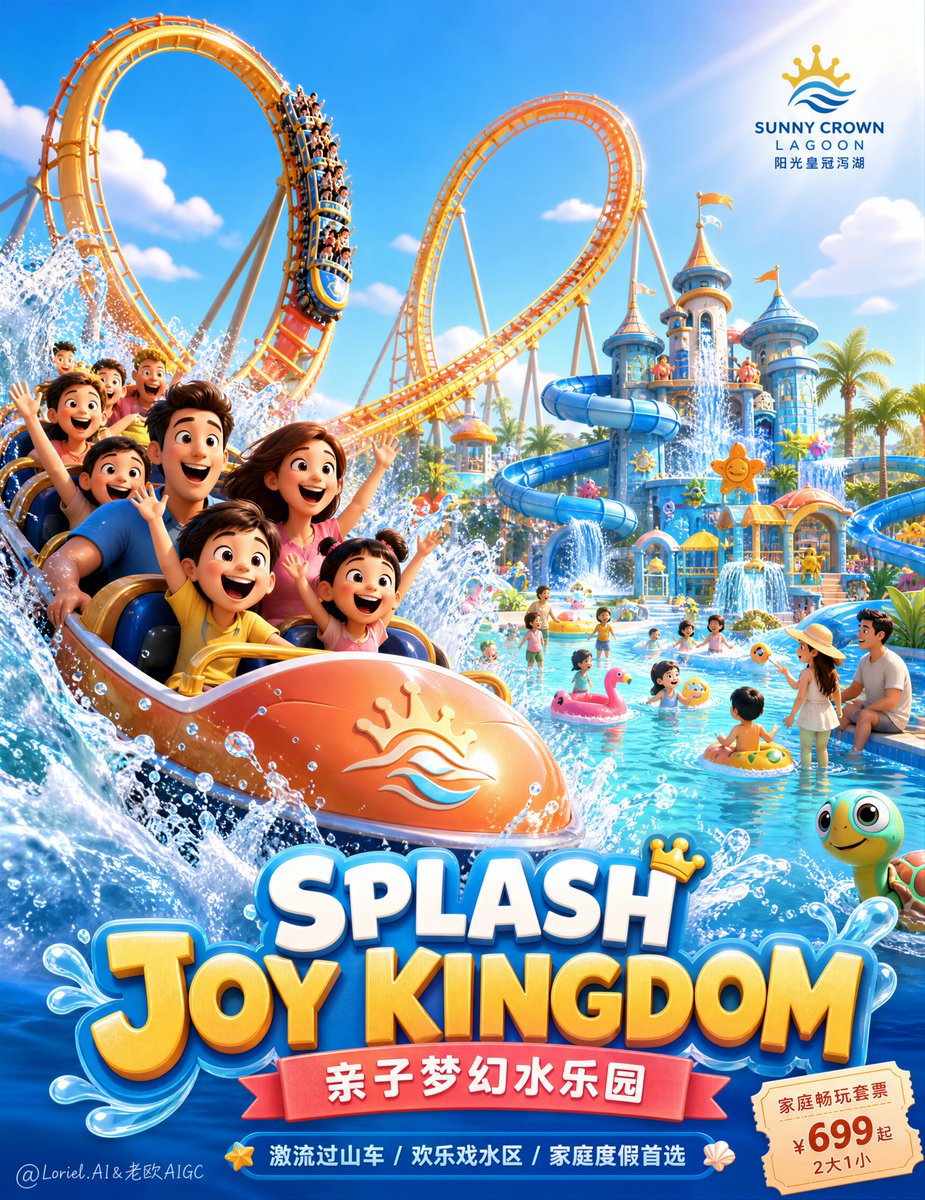 A giant safari-themed coaster car dives straight toward the viewer while a giraffe, elephant, red panda and lion ride along. A glowing fantasy park spreads out…