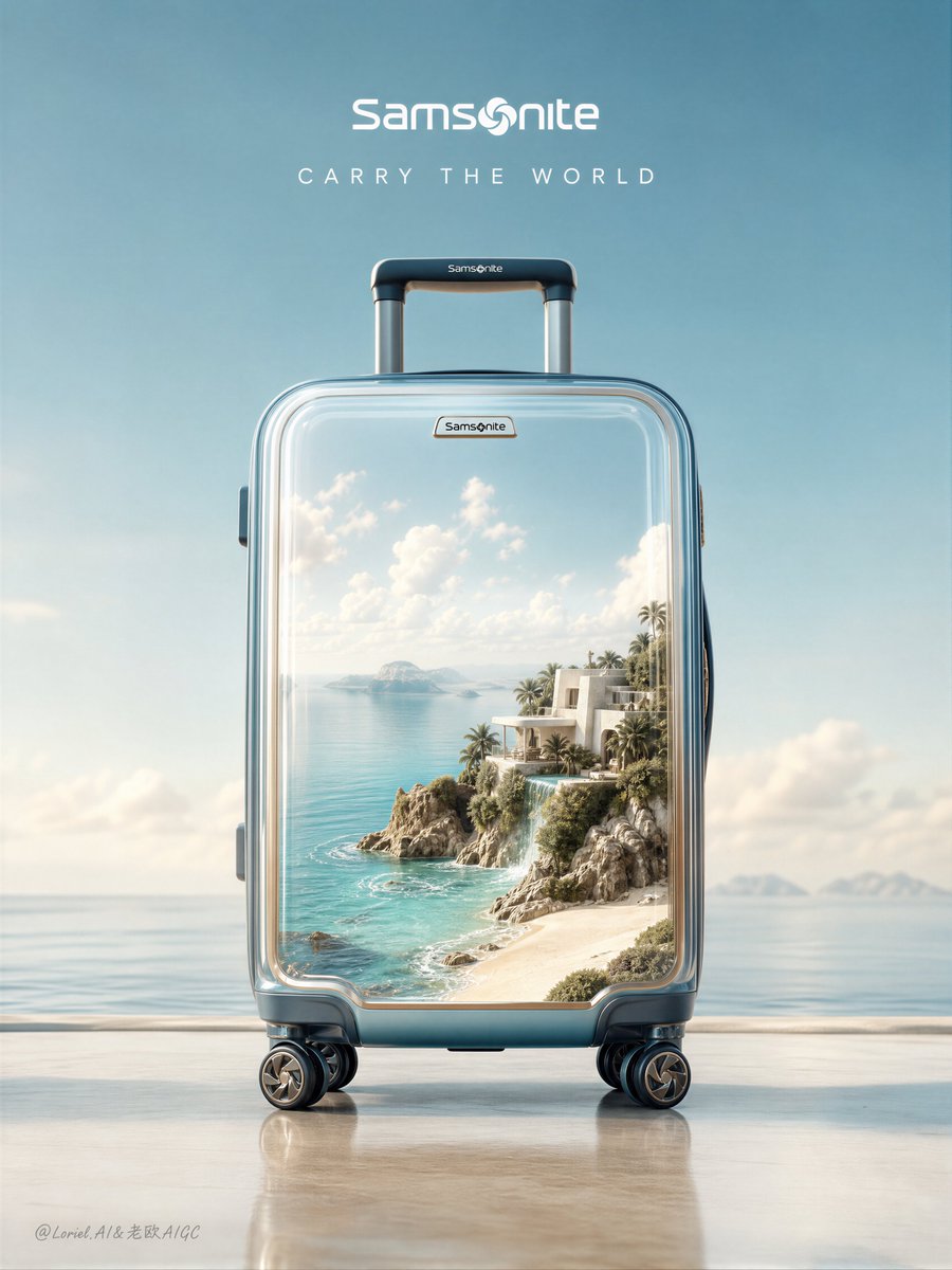 A single hard-shell Samsonite suitcase stands centered in a calm, pale studio, its transparent front revealing a tiny coastal world of sand, clear water and…