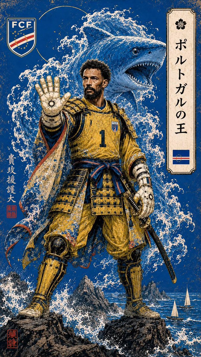 A legendary footballer appears as an armored samurai on coastal cliffs, with a glowing national guardian beast rising from Hokusai-style waves. Flag colors…