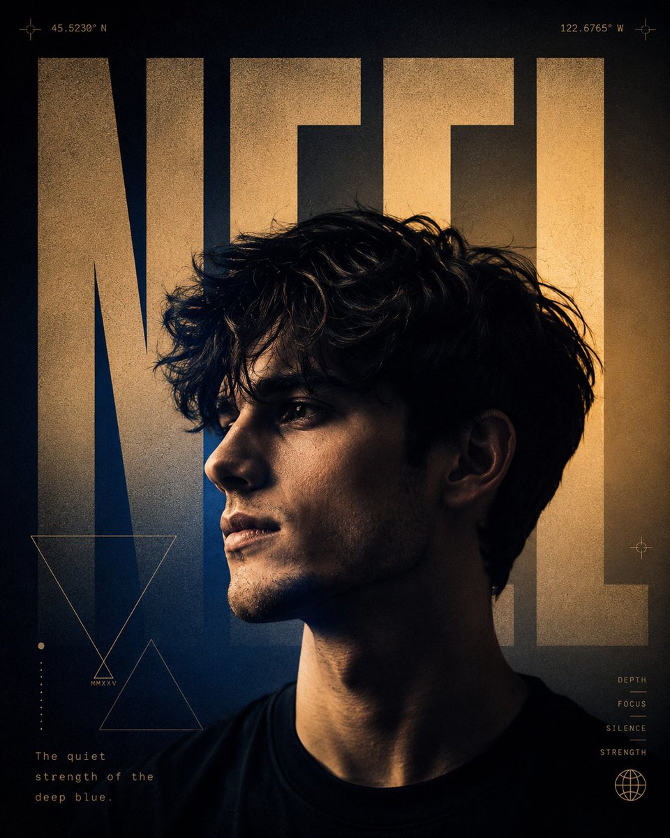 A photorealistic side profile of a young man, split between deep sapphire blue and warm amber, with towering brutalist letters that slip behind and in front of…