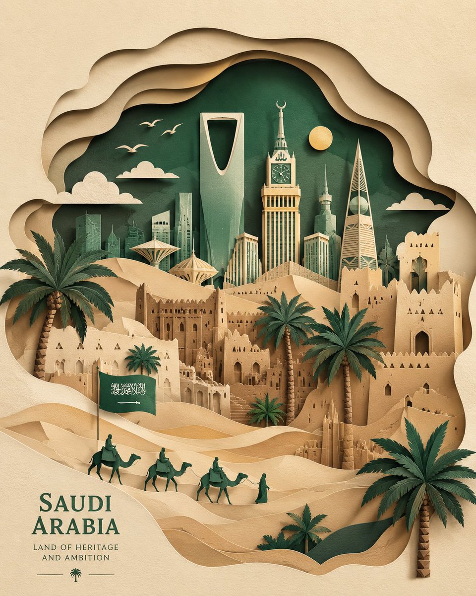 Stacked sheets of cut paper build a desert scene with rolling dunes, palms, traditional houses and a modern skyline. Soft shadows between the layers give a…