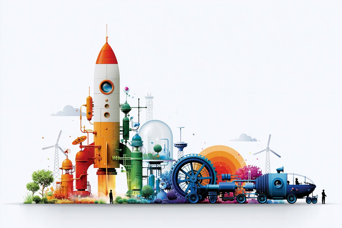 A flat, saturated vector scene of futuristic space exploration, where watercolor-splash planets float among clean geometric shapes. Tiny silhouetted figures…