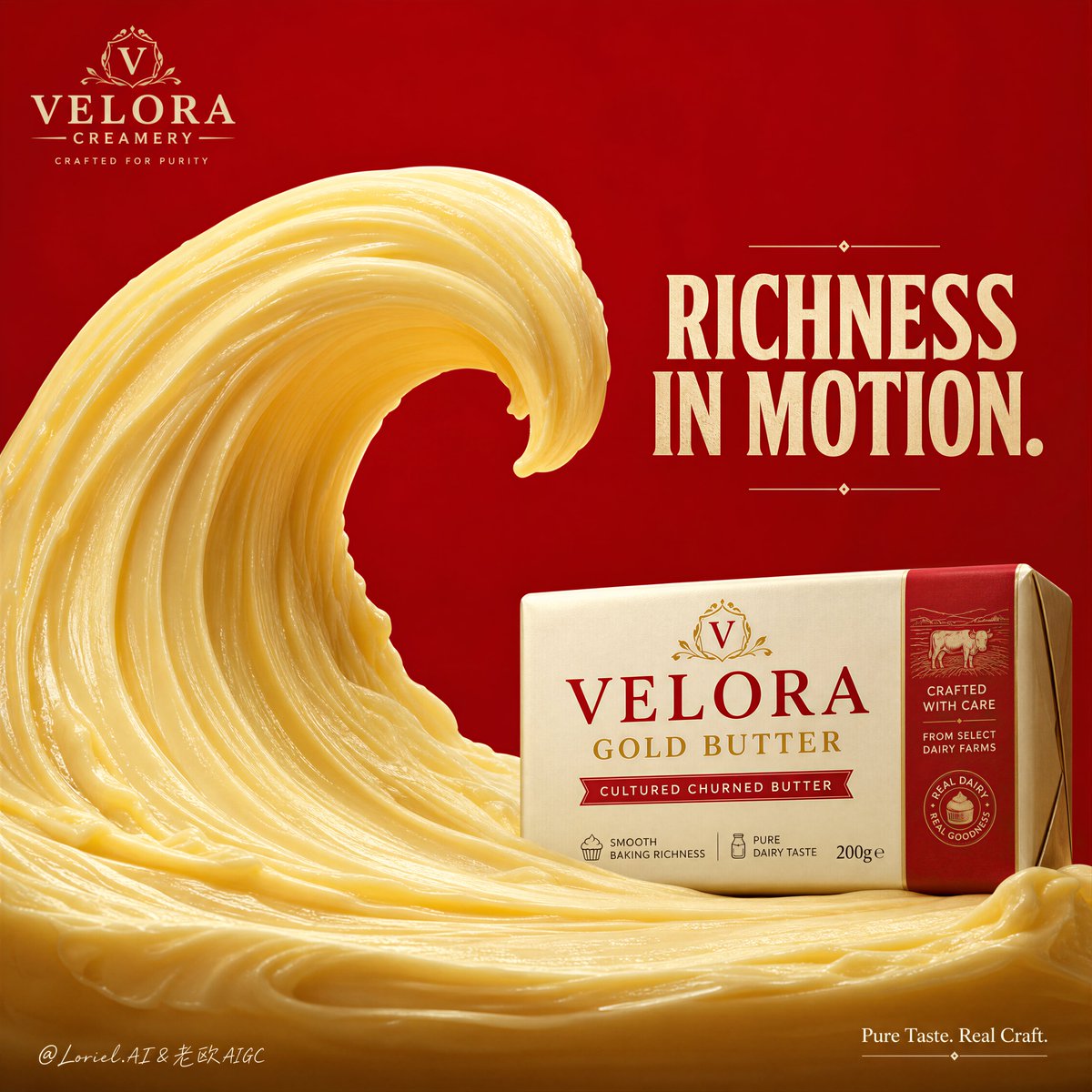 A monumental butter wave curls up from the lower left over a flat crimson field, with a cream and gold block of butter anchoring its lower-right edge. The…