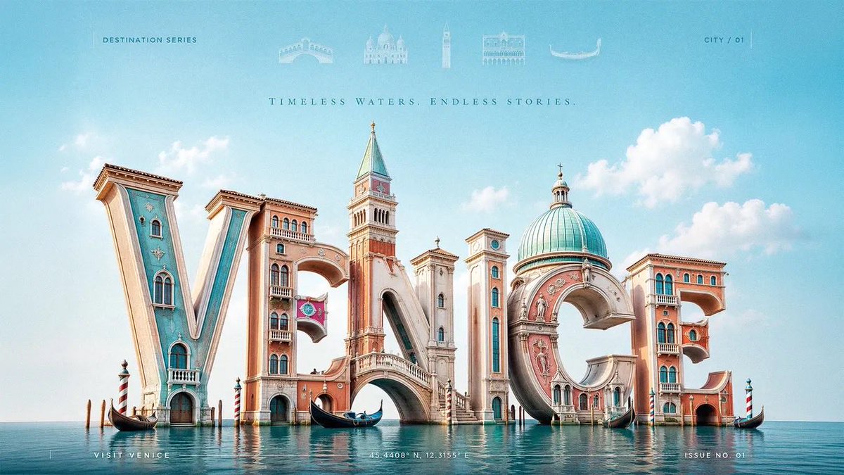 A sunlit travel poster where the destination's name is built from large glossy 3D letters, with landmarks growing out of the letterforms like architecture.…