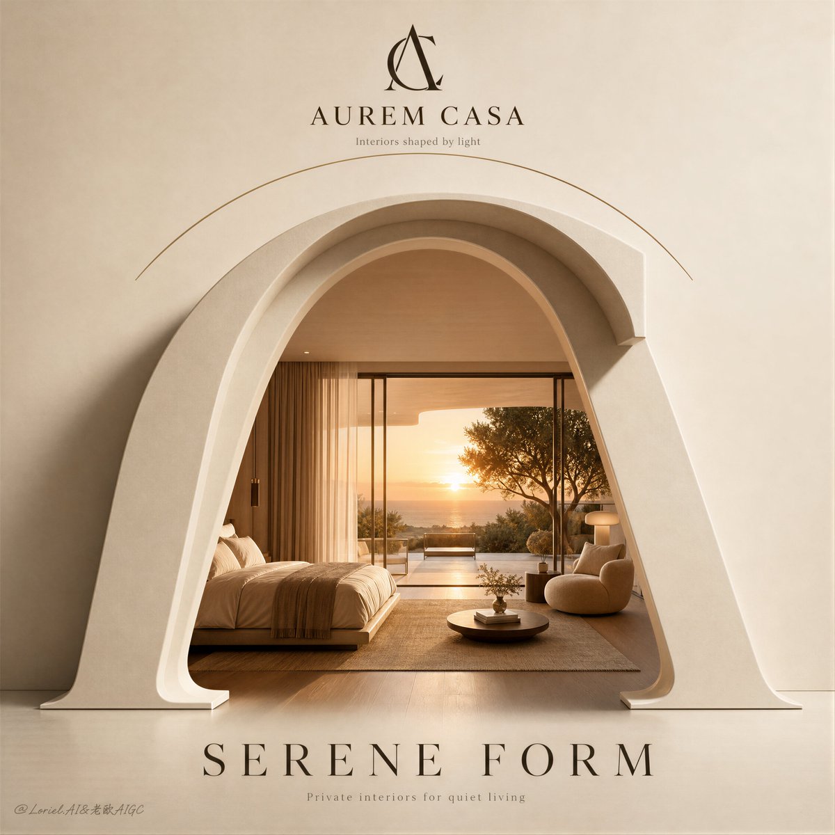 A square luxury brand poster where a matte, sculptural monogram frames a warm sunset bedroom-lounge. Ivory negative space and restrained serif type keep the…