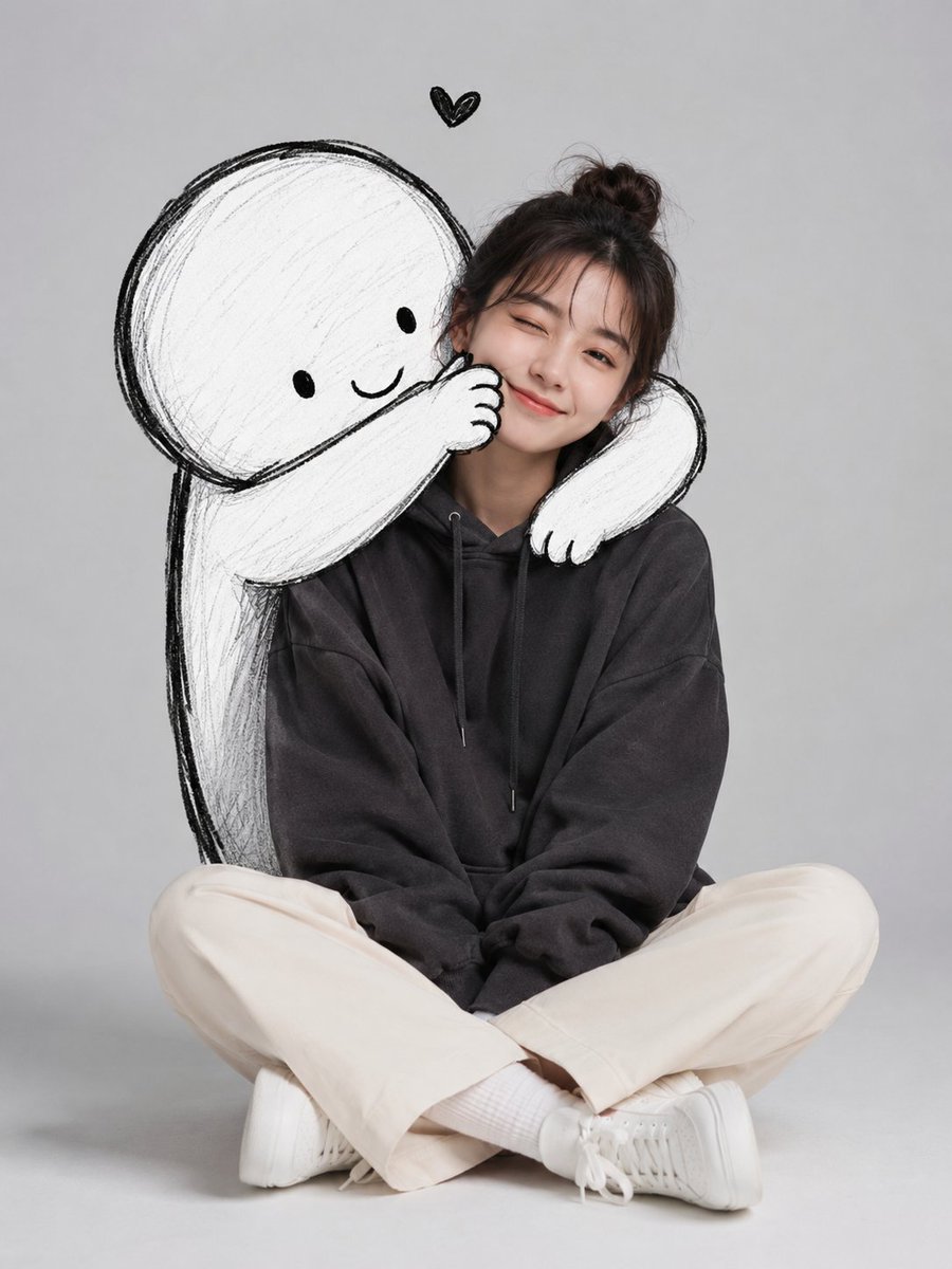 A young woman sits relaxed on a light grey studio floor while a hand-drawn black-and-white doodle figure wraps its arms around her from behind. The contrast…