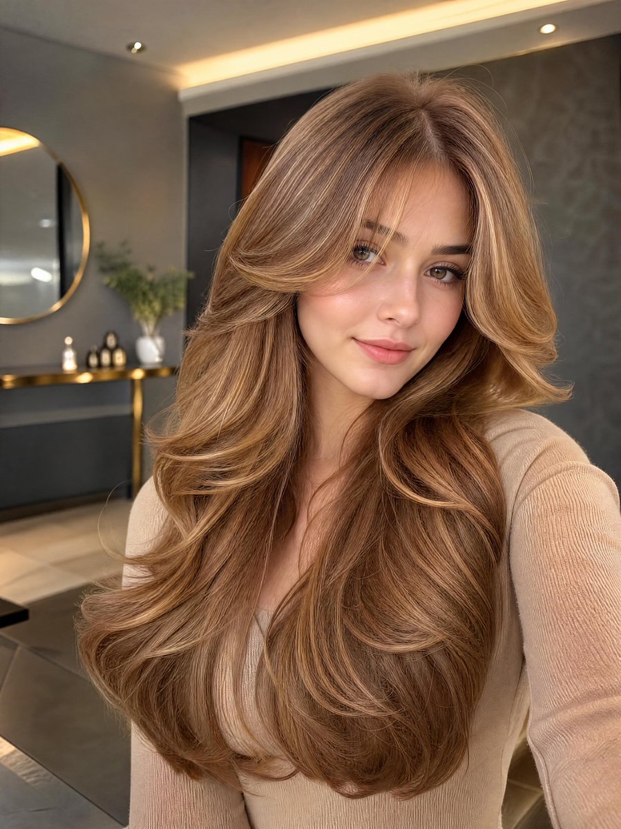 A close, warm selfie of a young woman with long layered honey blonde hair and a soft smile, framed by dark grey walls, gold mirror detail and a lamp-lit…