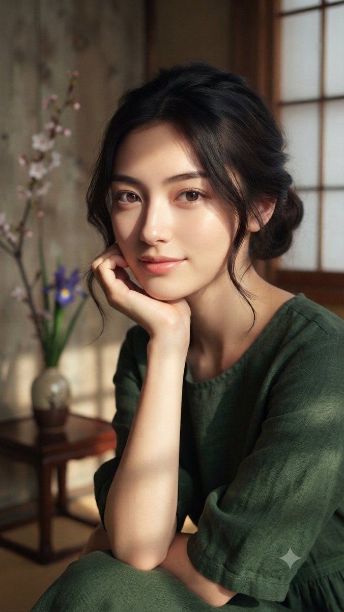 A calm indoor portrait of a young woman in a green linen dress, lit by soft sunlight through a lattice window. Cherry blossoms and a purple iris sit blurred in…