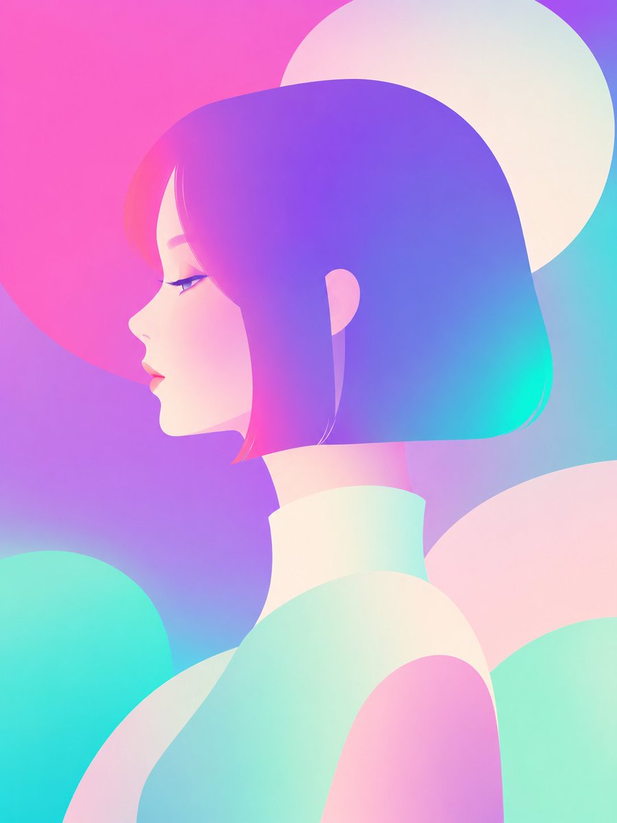 A side-facing woman with a sleek bob cut, drawn from borderless shapes and soft gradient fills. The palette of neon pink, violet, turquoise, and mint against…