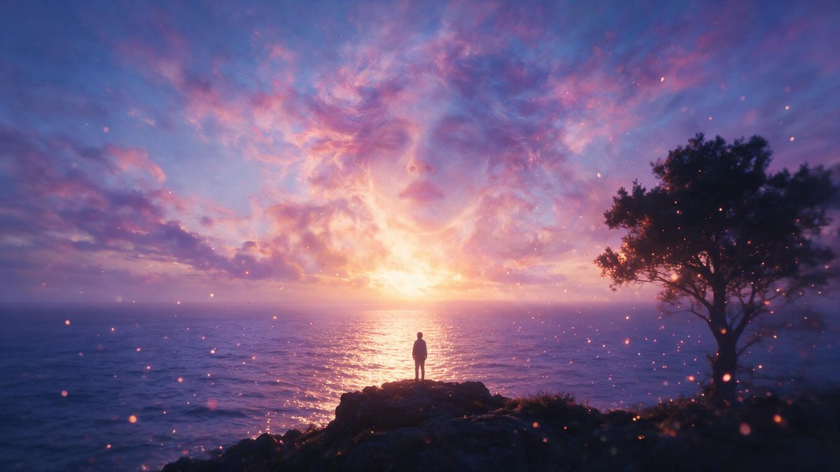 A lone figure on a rocky outcrop faces a sunset sky where drifting clouds form the outline of a woman's face. Purple, blue and orange tones spread over a calm…