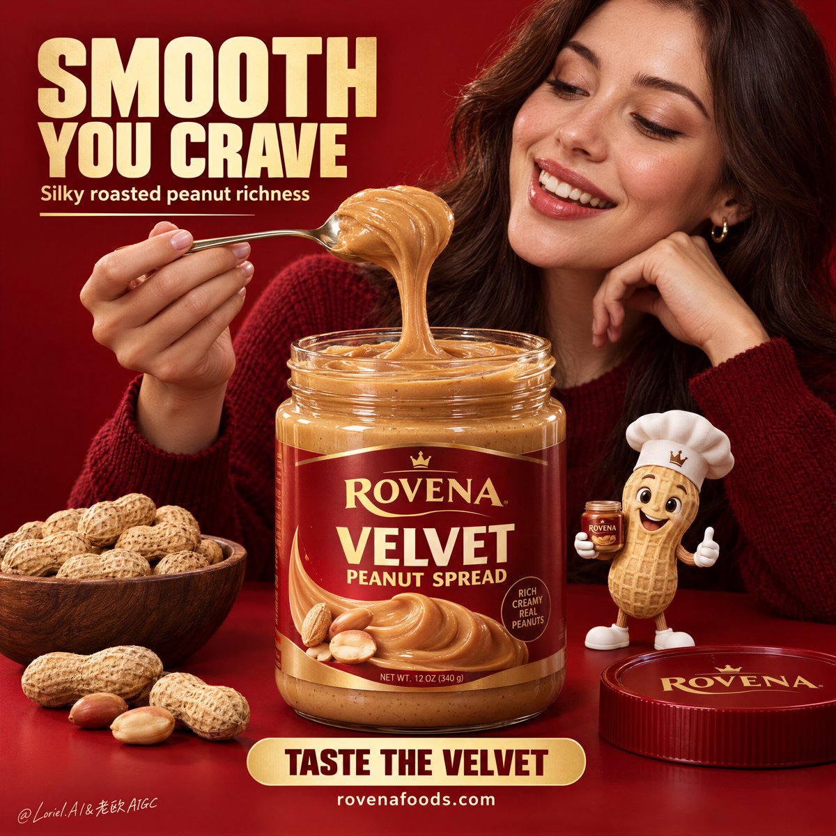 A deep red studio poster built around a large open jar of smooth peanut spread, with a spoonful lifted in a glossy ribbon and a smiling woman looking on. The…