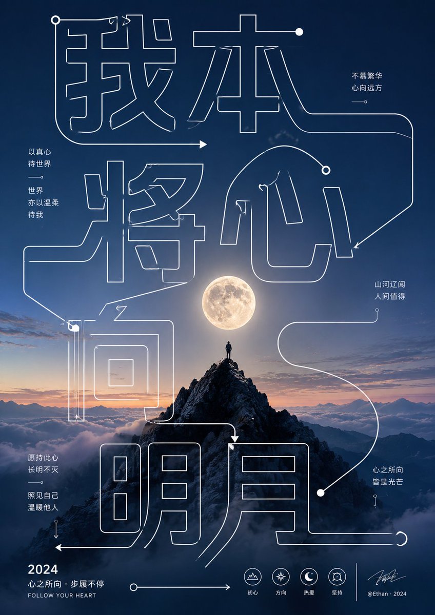 Large hollow line-drawn characters sweep across a tall frame like a transit map, with the lines weaving in front of and behind a central subject. The glyph…