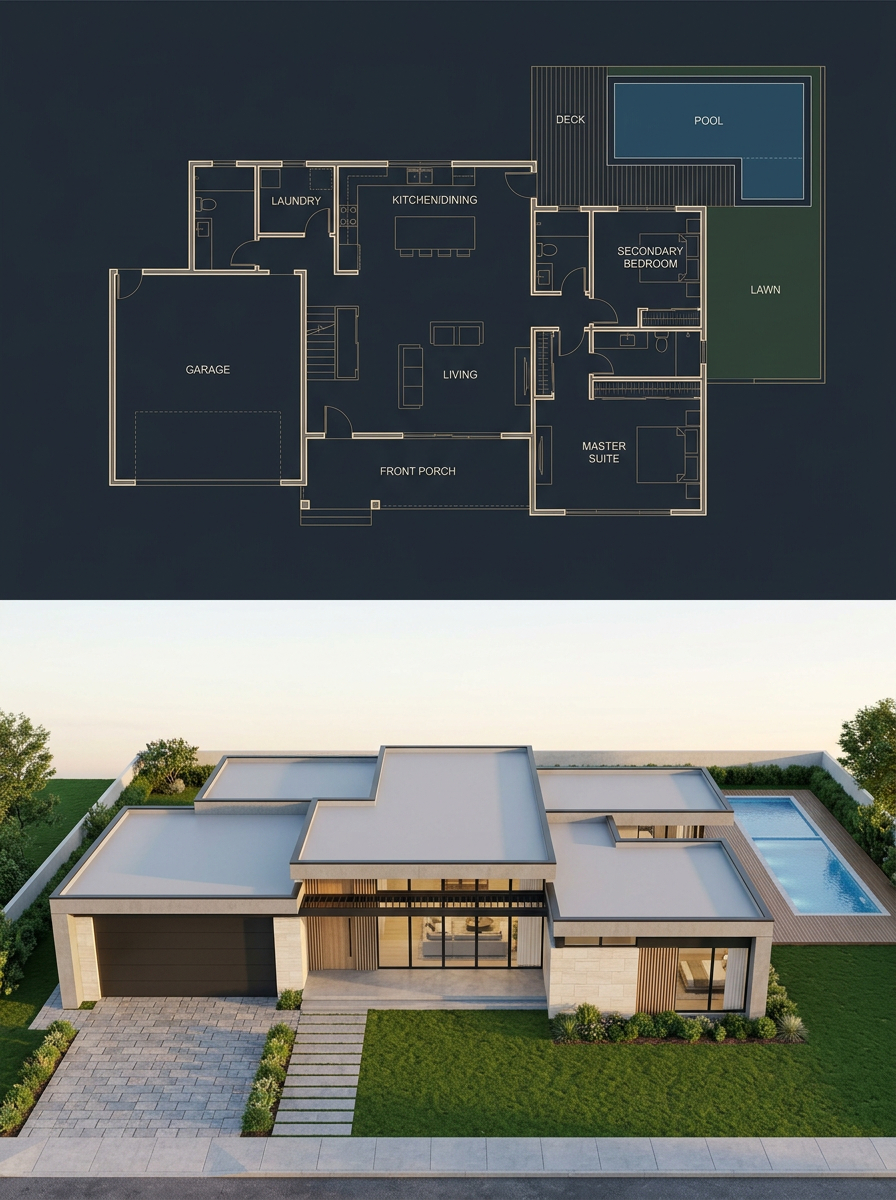 Single-Story Modern House Blueprint and Render — AI result, variation 2 of 2