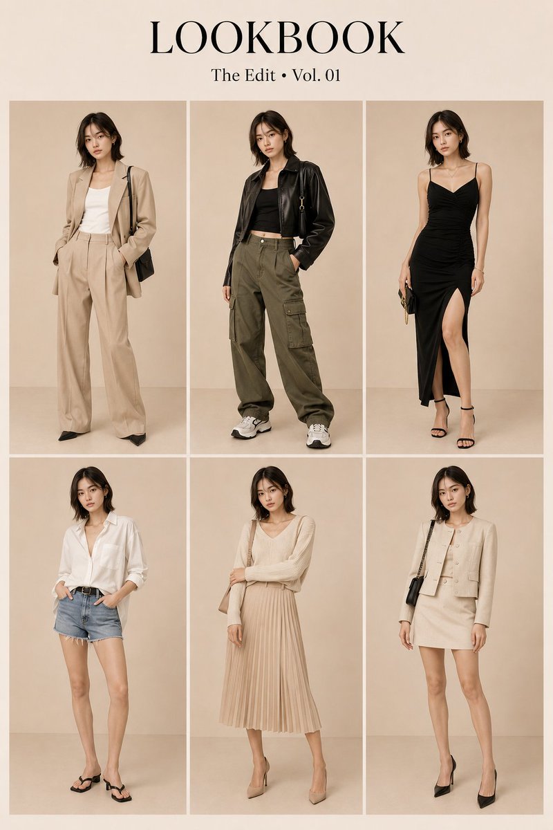 A single model appears in six full-body outfits arranged in a clean 2 by 3 grid on a warm ivory studio backdrop. It reads like a department-store catalog…