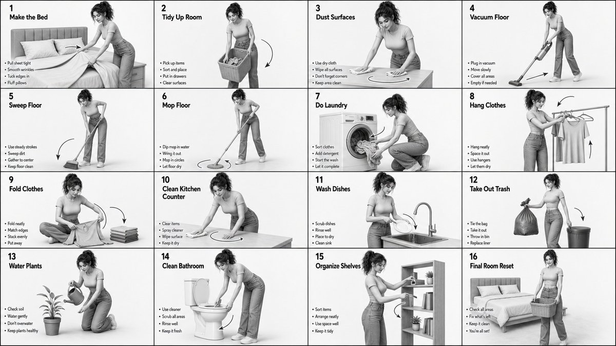 Source image for the AI video “Sixteen-Step Household Chores Video in Natural Light”
