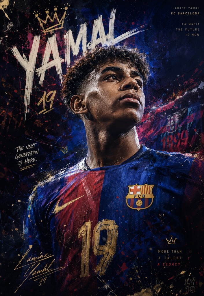 A half-body athlete portrait in a national team jersey, drawn with loose ink lines and bursts of watercolor splashes over a clean white field. Bold handwritten…