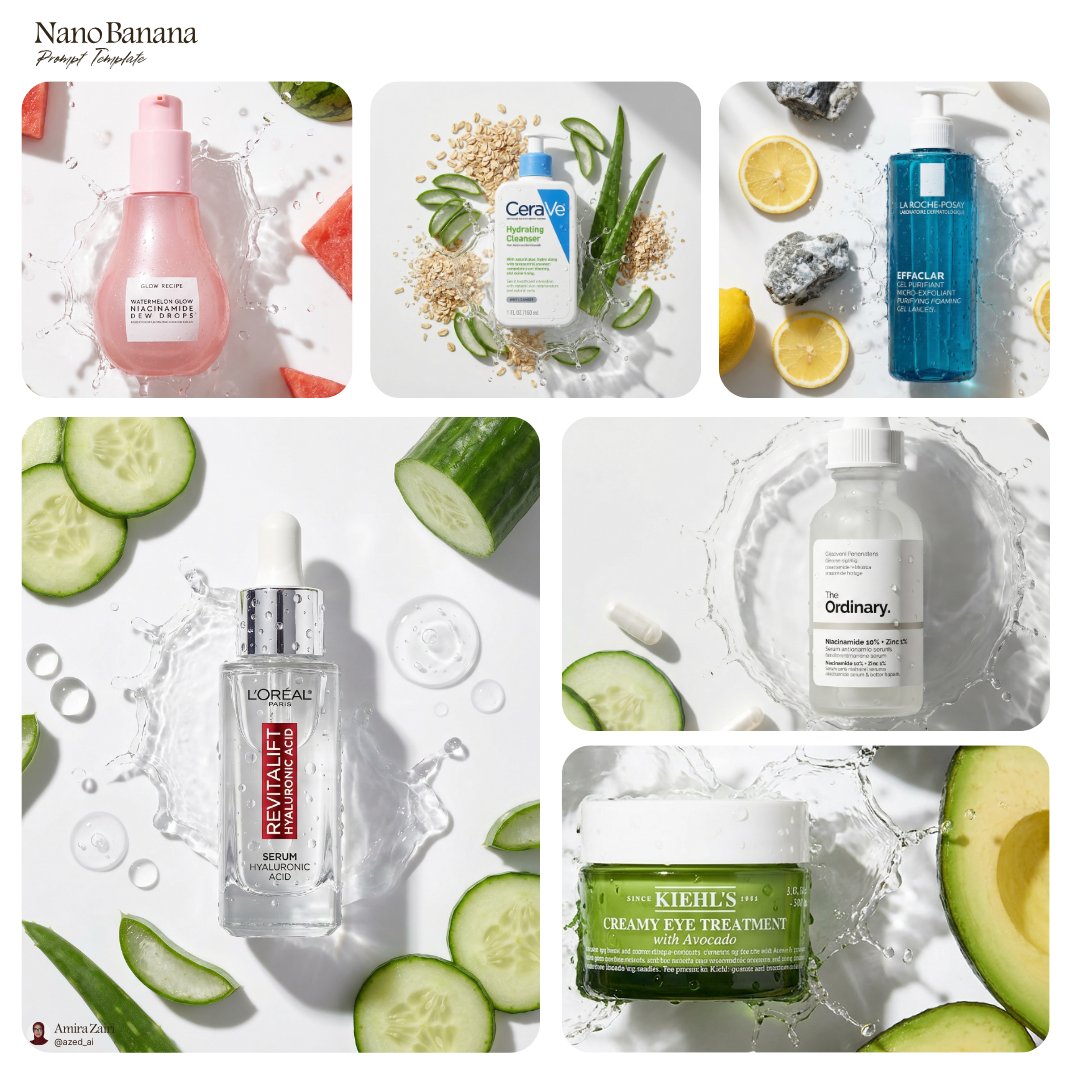 A top-down product shot where a skincare bottle sits at the center, ringed by fresh slices and whole pieces of produce. Frozen water splashes and dewy droplets…