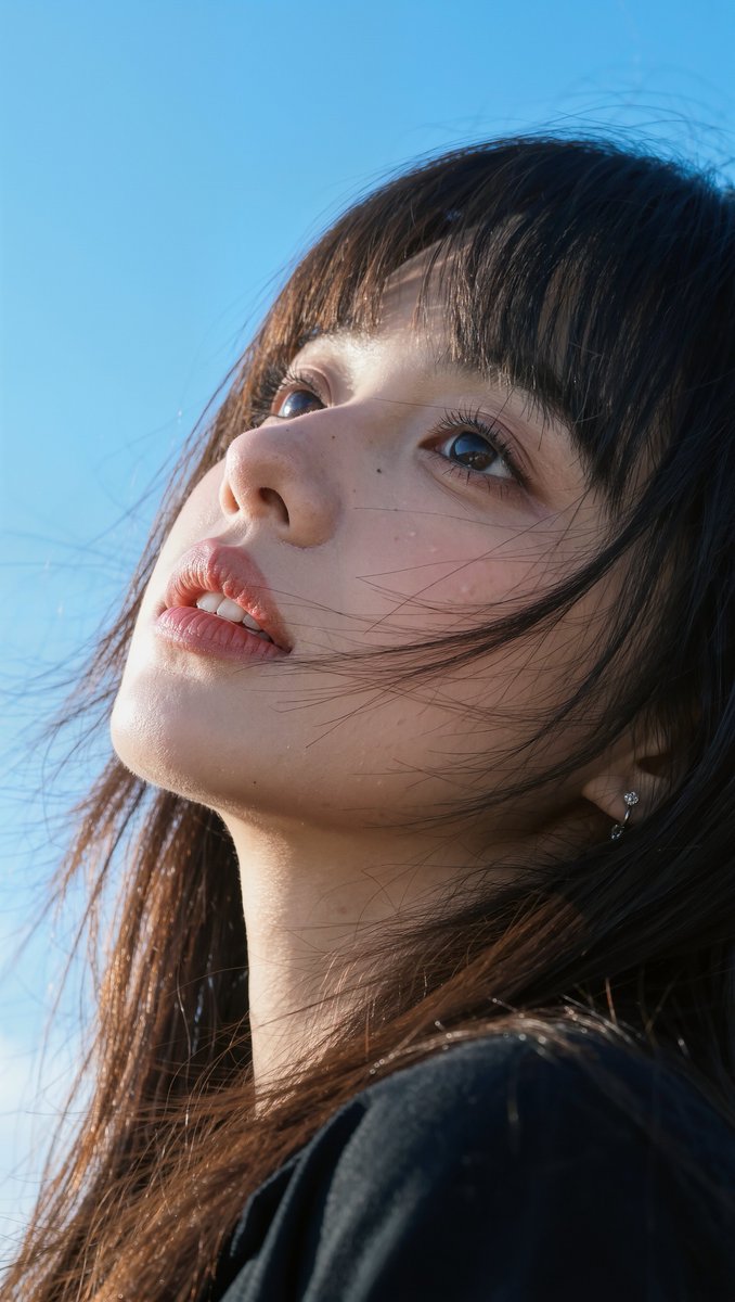 Sky-Gazing Portrait with Windswept Hair — AI result, variation 2 of 4