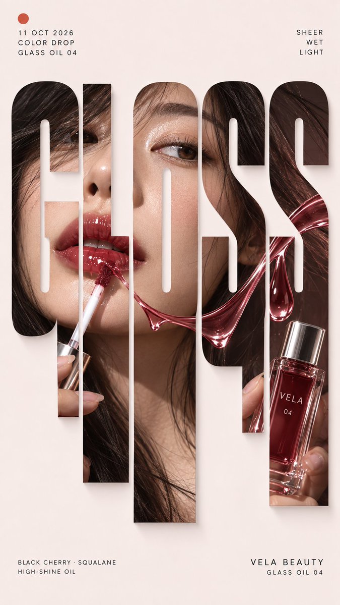 A tall campaign poster where one commercial photo fills a bold uppercase word used as a mask. Gloss, rain or sunlight runs across the letters, so the person…