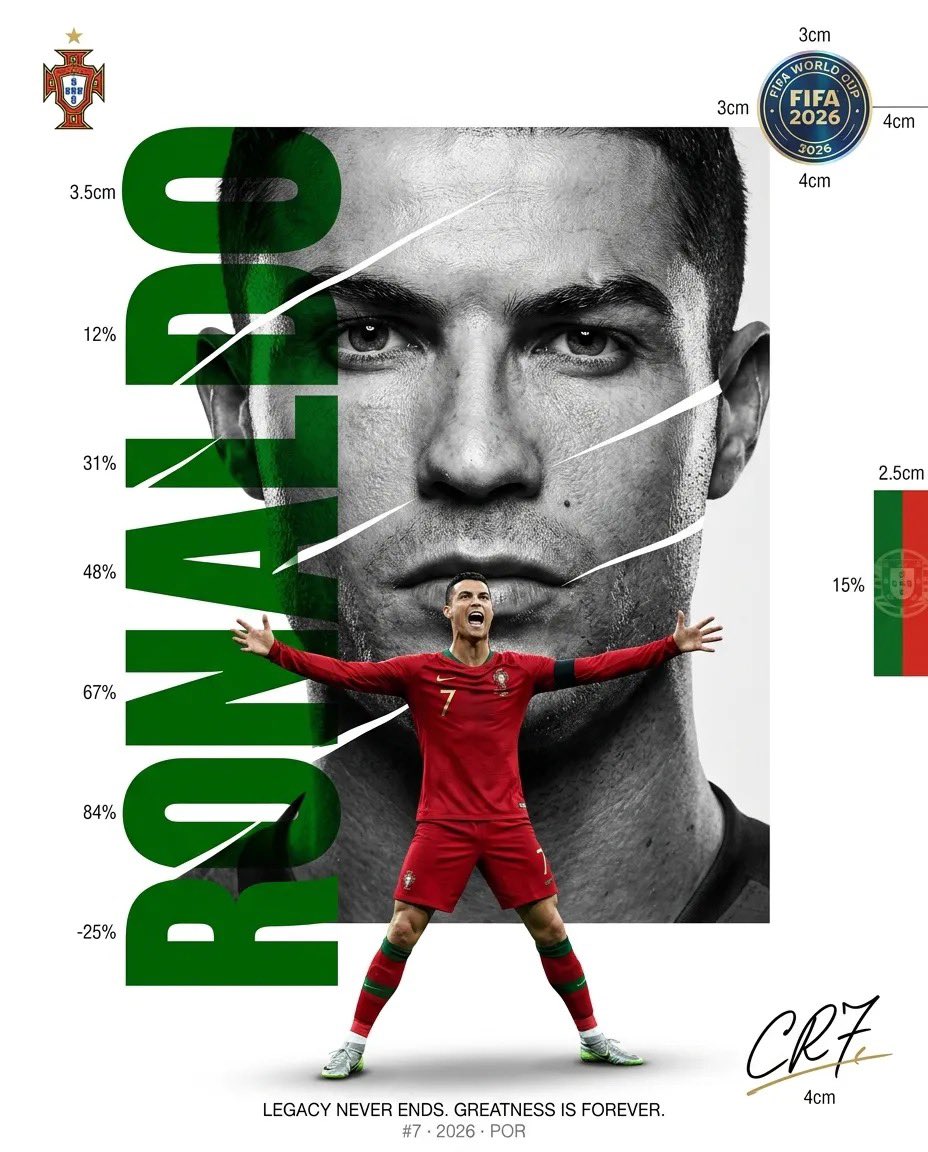 A white-background sports poster where giant vertical letters are cut into thin horizontal slices and run through a black and white portrait. A full-colour…
