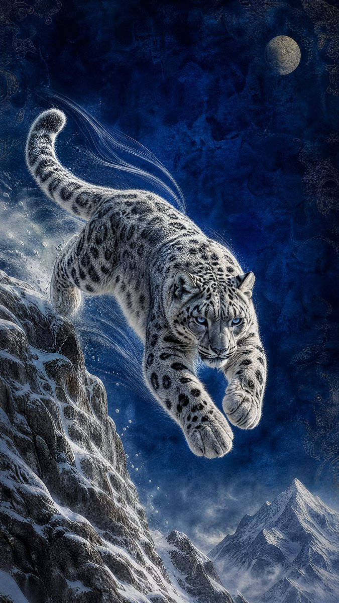 Snow Leopard Mid-Air Leap in Fantasy Illustration — AI result, variation 2 of 2