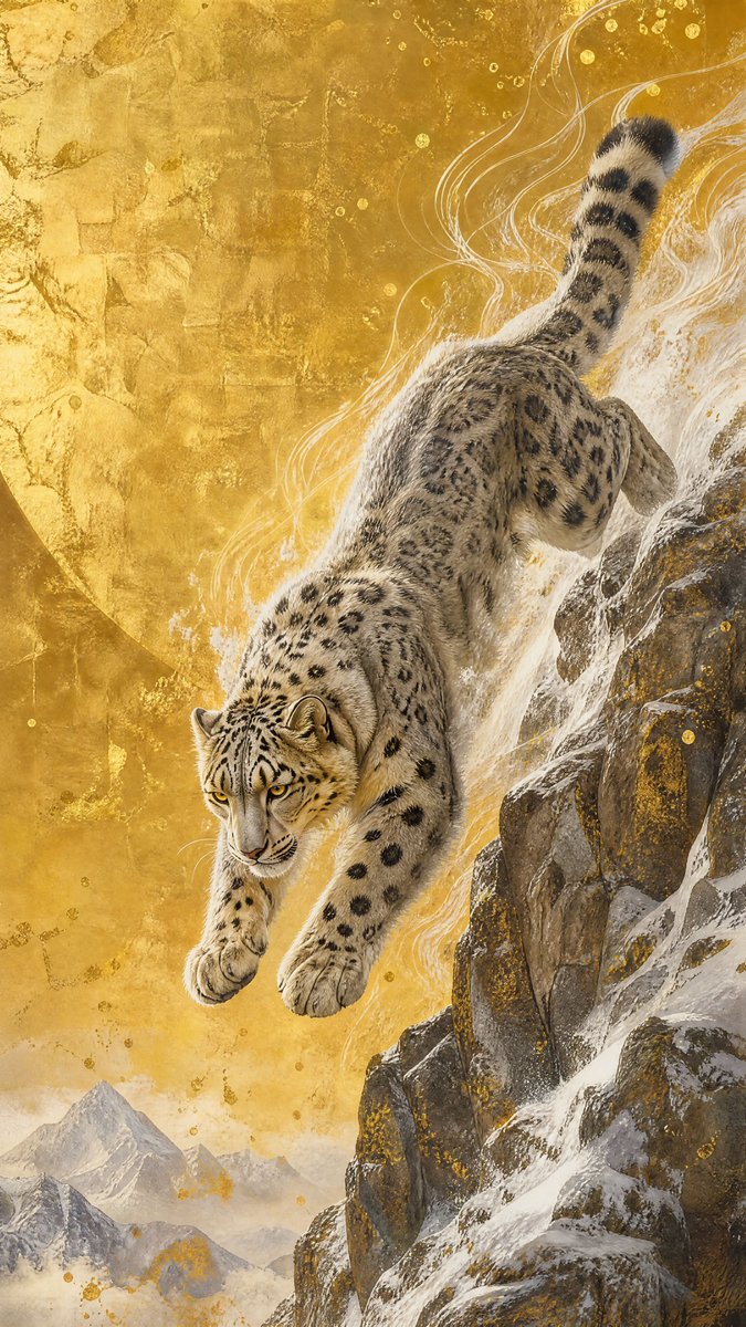 A snow leopard drops off a snowy cliff mid-leap, with wispy white trails showing its speed against a glowing, textured backdrop. Fine fur detail and cinematic…