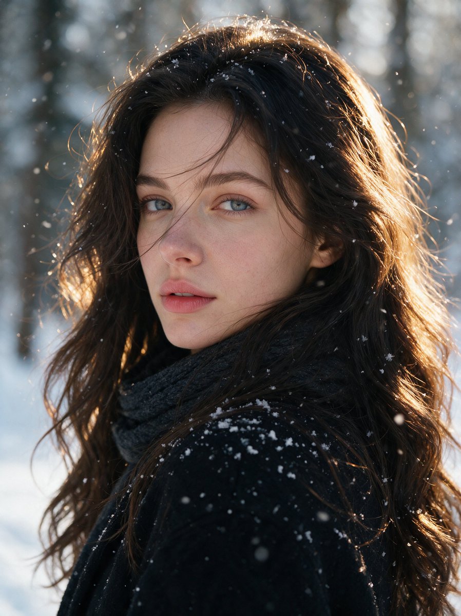A close, candid look over the shoulder with snow settling in long dark waves and warm sunlight catching the edges of her face. The skin reads as real skin…