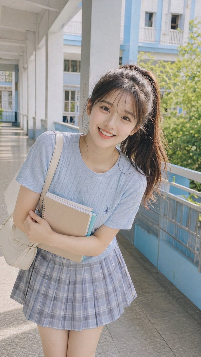 Soft CCD Campus Portrait in Plaid Skirt — AI result, variation 3 of 3