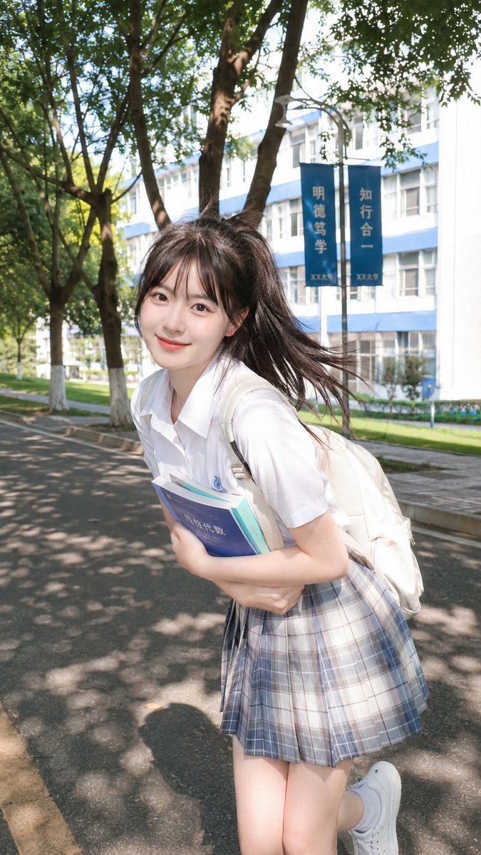 A bright, sunny campus portrait with clean CCD colors, milky highlights and light grain, showing a student mid-stride with a high ponytail and a natural smile.…