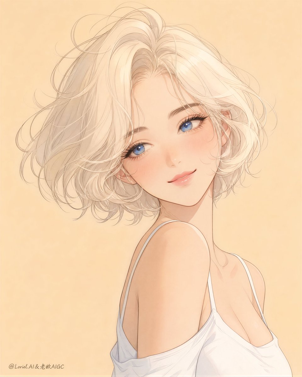 A tall, quiet anime portrait of a woman with a platinum-blonde bob and vivid blue eyes, drawn with fine pencil-like lines on a plain beige ground. The result…