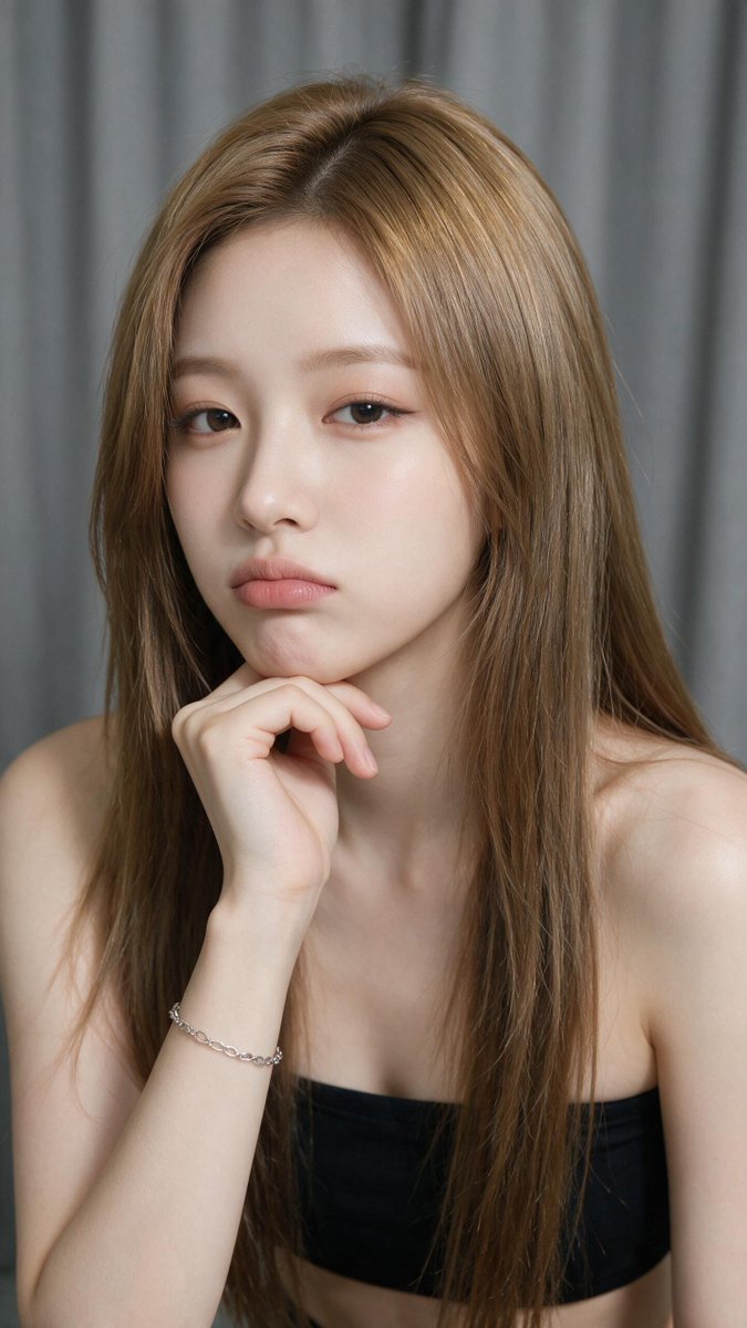 A calm, tightly framed close-up of a young woman with long light-brown hair, her hand resting under her chin against a muted gray curtain. The soft, even light…