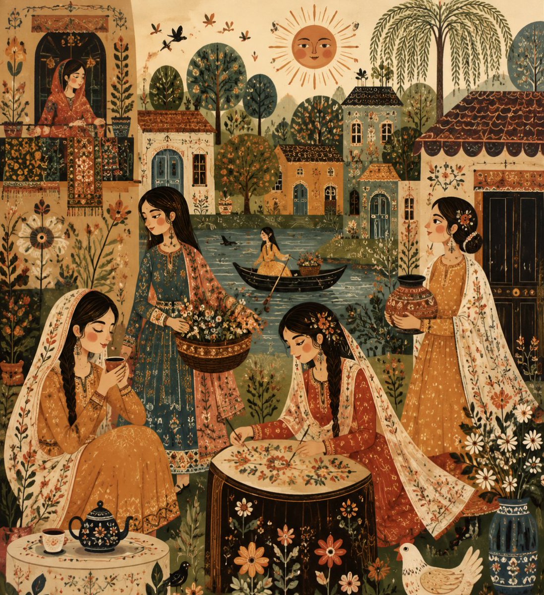 South Asian Village Folk-Art Courtyard Illustration — AI result, variation 2 of 2