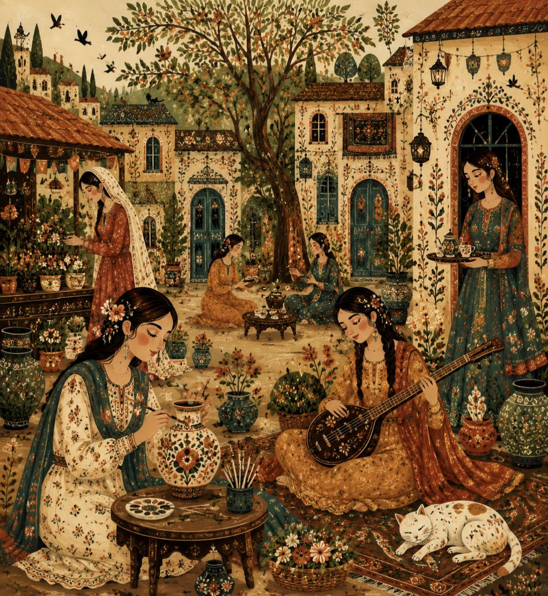A warm, textured courtyard scene where women in embroidered shawls and dupattas paint pottery, weave textiles, and share tea beside a river. Rich ochres…