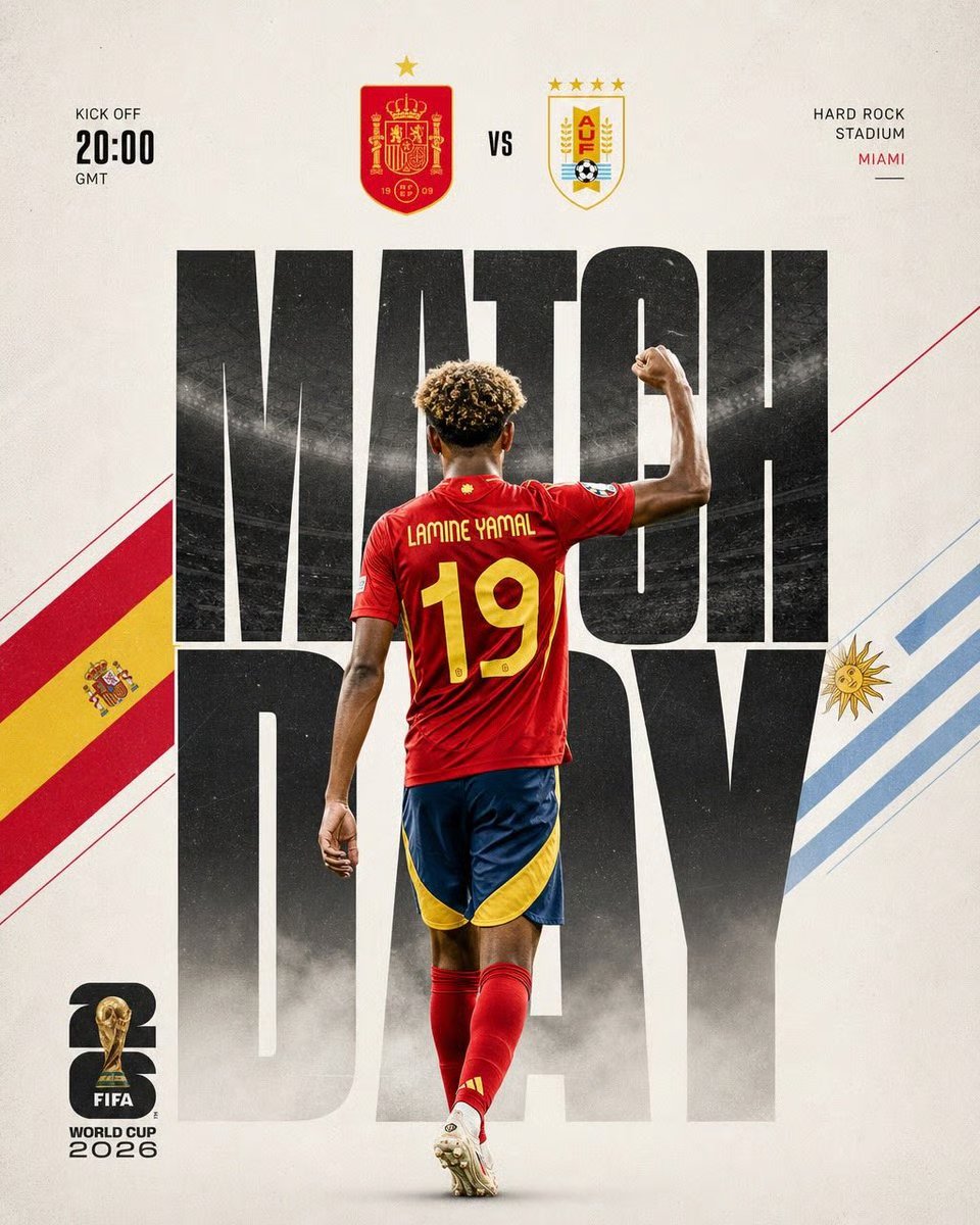 A bold sports poster with a player seen from behind in a raised fist pose, set against giant MATCH DAY lettering and a cream textured backdrop. Diagonal flag…