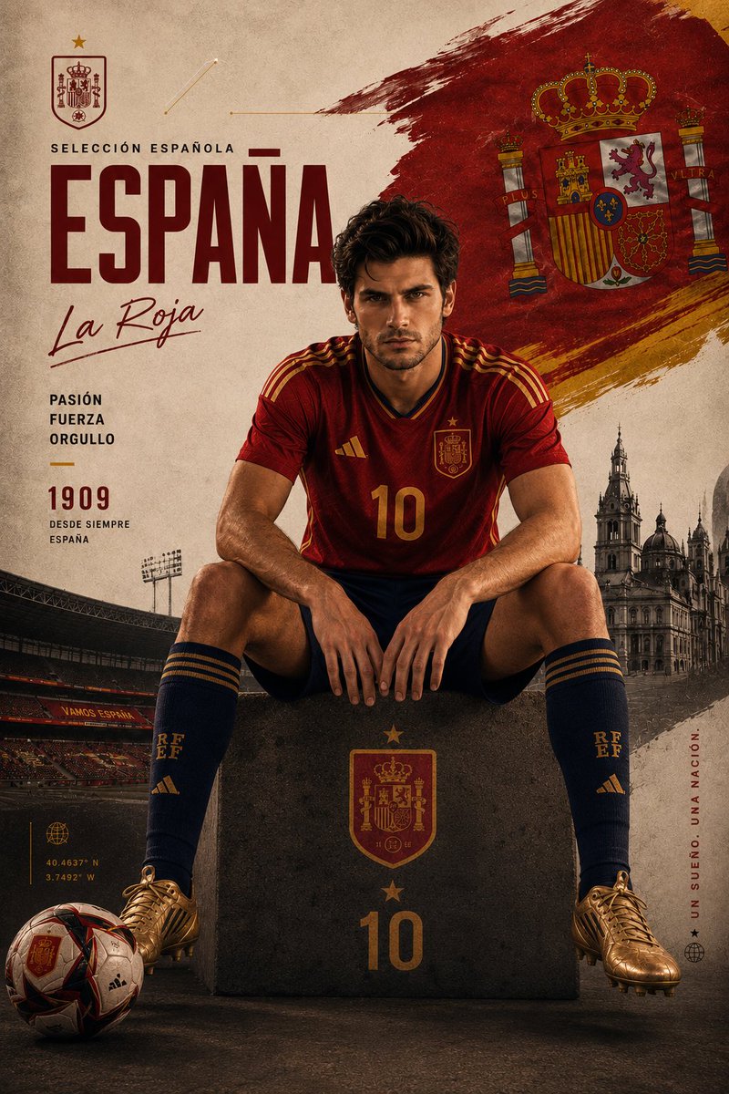 A low-angle sports campaign poster of a Spanish footballer on a stone pedestal, set against a packed stadium and a huge red ESPAÑA lettering. Warm golden-hour…