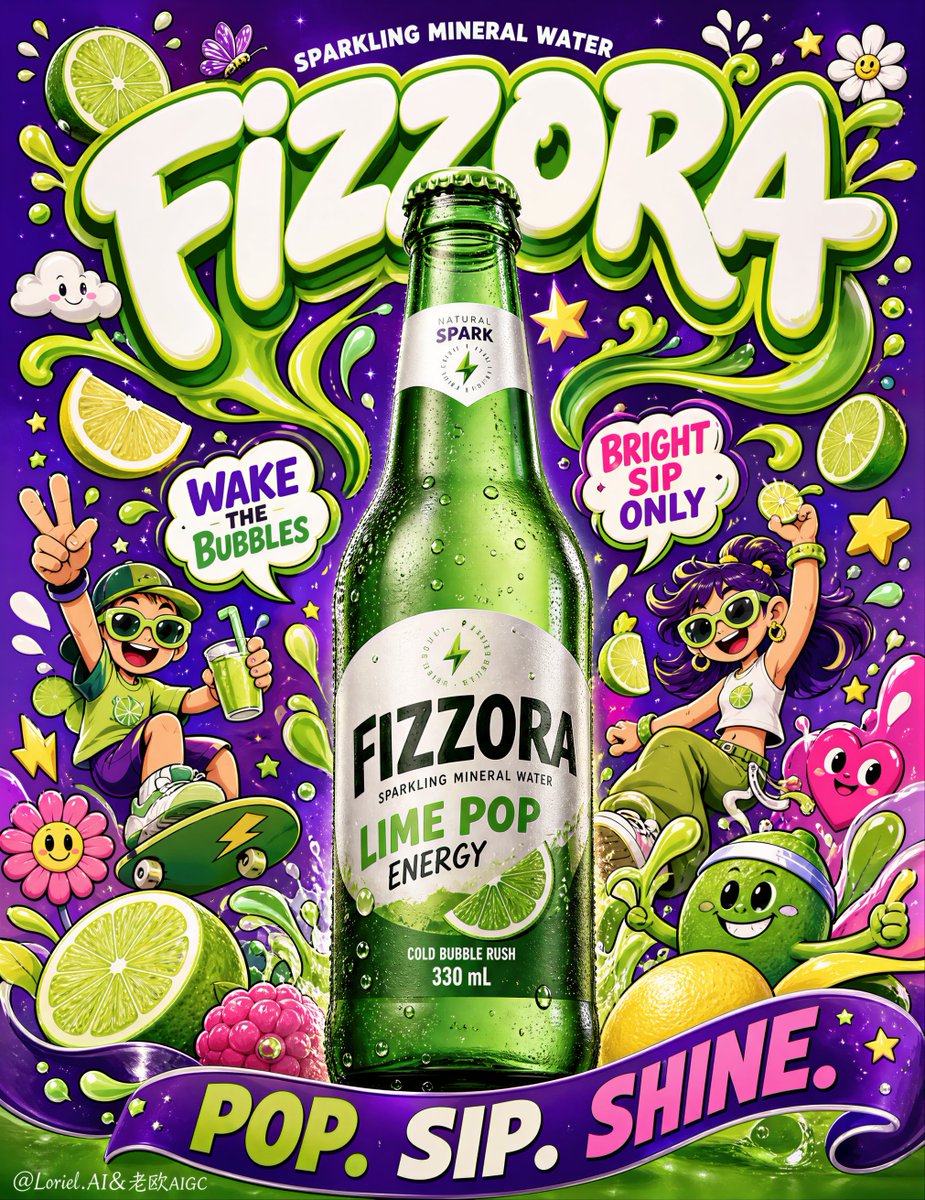 A hyper-realistic green glass bottle stands tall at the center, wrapped in ribbons of lime liquid, cartoon citrus, and bubbly lettering. Bright illustration…