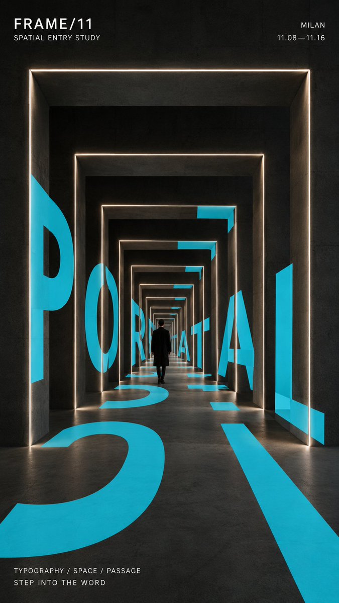 Oversized letters wrap, curve and recede through a real-looking building so the word reads cleanly from one viewpoint. A single accent color cuts through…