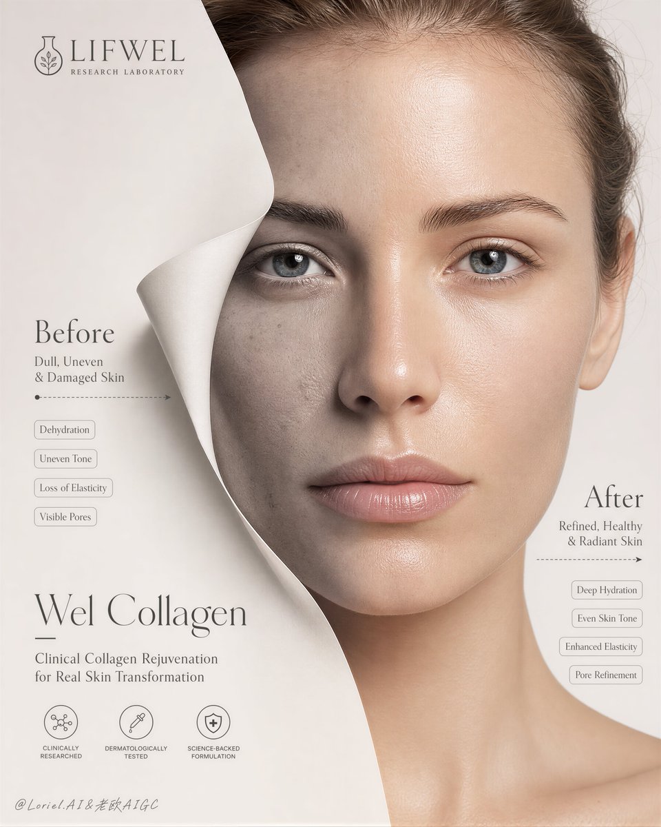 A tall, centered portrait of a woman's face divided down the middle, with a dull left side and a smoother, more luminous right side. Pores, fine lines and…