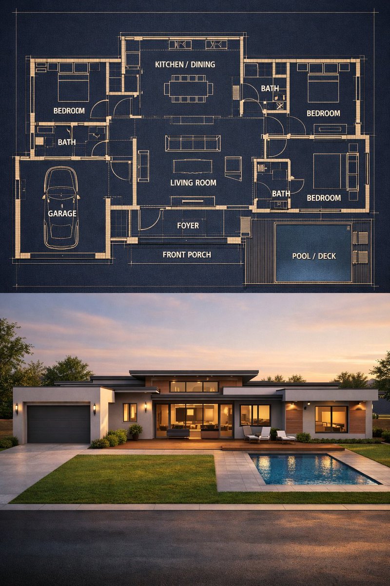 Split House Blueprint and Photorealistic Render — AI result, variation 2 of 2
