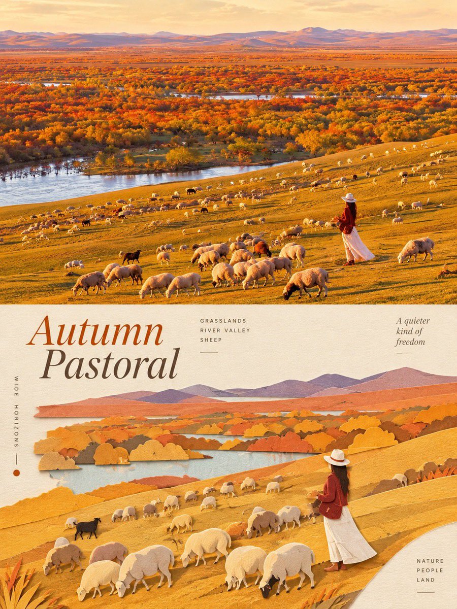 Split-Panel Travel Poster in Photo and Paper Craft — AI result, variation 2 of 3