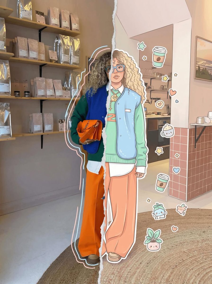 One portrait divided down the middle: the left half stays photographic while the right half turns into a clean, pastel cartoon with the same pose and…