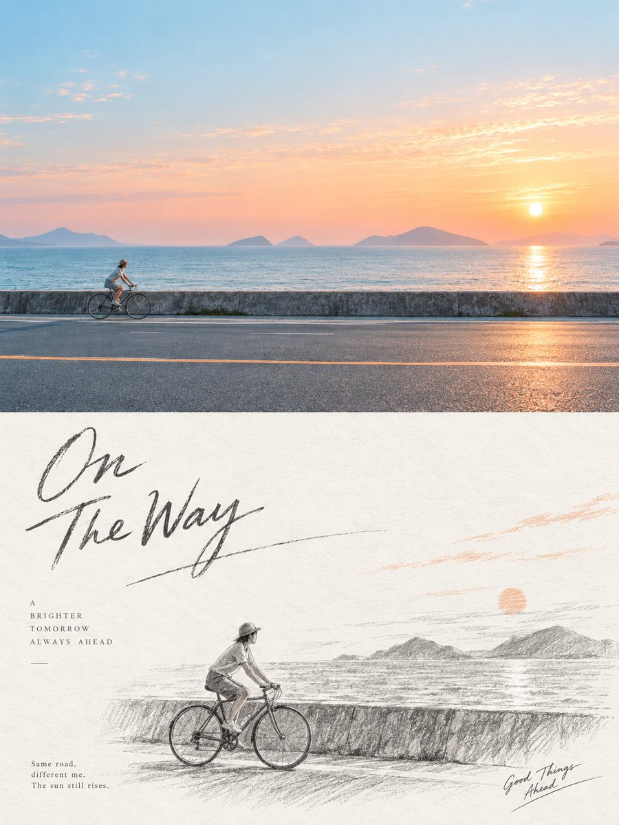 A vertical poster divided into two equal halves: a softly graded photograph above, and a loose graphite drawing below that keeps only the key shapes. Wide open…