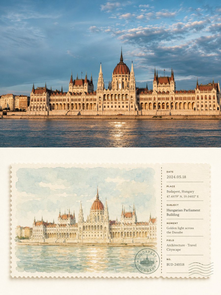 The top half keeps your photo with a light magazine grade, while the bottom half reimagines its subject as a soft watercolor sketch on a ticket stub. Pale sage…